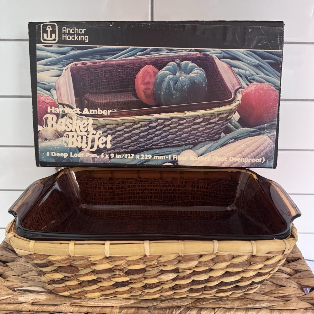 Anchor Hocking Fire King Bakeware Deep Loaf Dish Pan‎ with Basket 5x9 Harvest